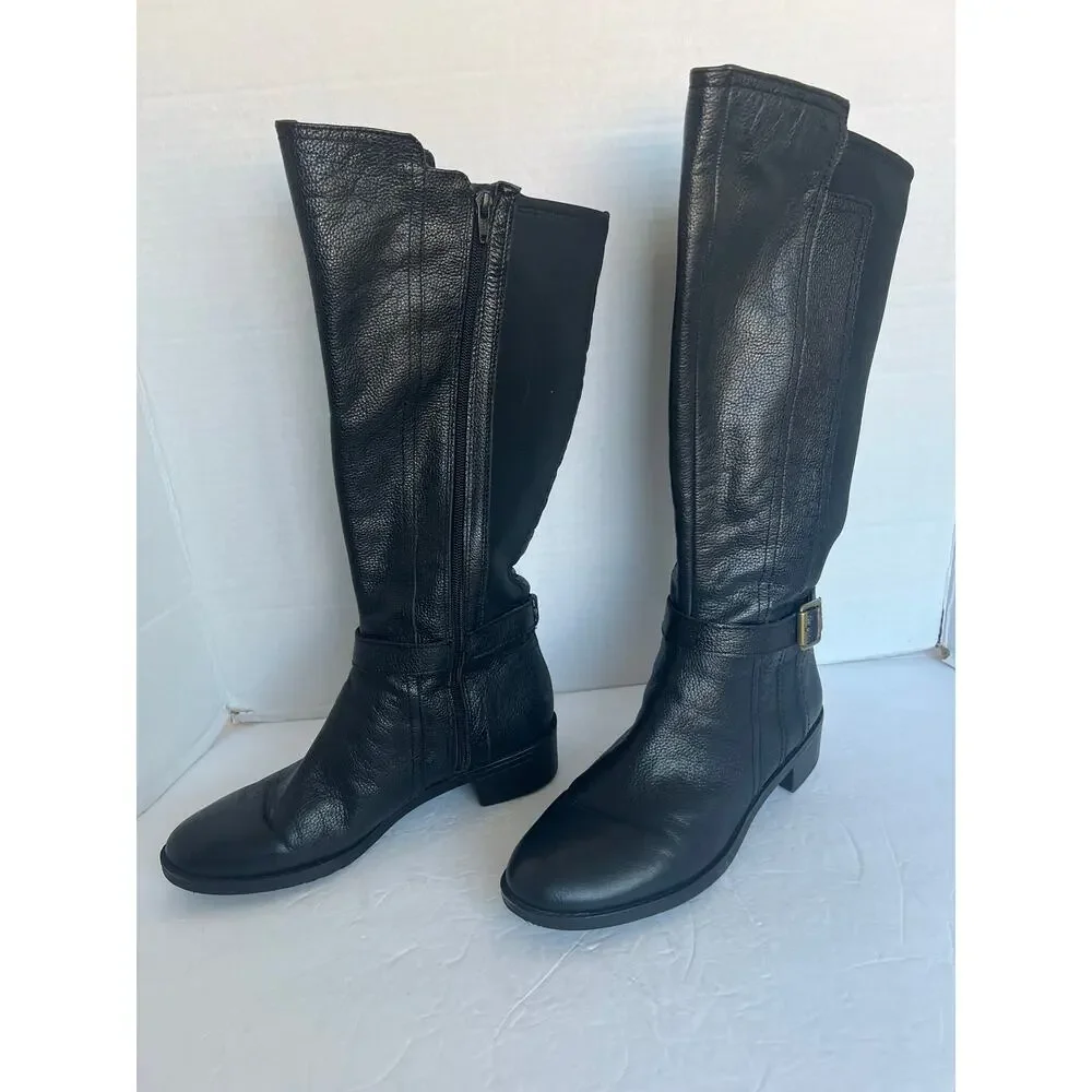 Naturalizer N5 Black Leather Zip Knee High Block Heel Wide Shaft Riding Boots 10